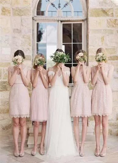 Mismatched Junior Short Lace Knee Length Blush Pink Bridesmaid Dresses Prom Dresses