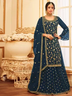 Odette Women Navy Blue Faux Georgette With Glitter Sequence Work Semi Stitched Sharara Suit