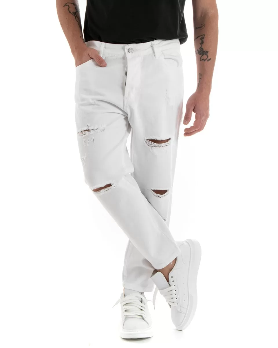 Pantaloni Jeans Bianco Uomo Loose Fit Cinque Tasche Con Stampa GIOSAL-P5707A