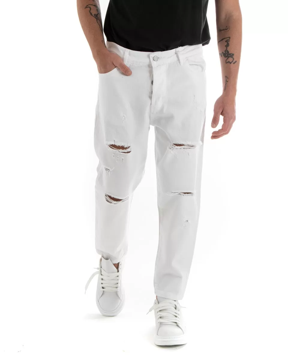 Pantaloni Jeans Bianco Uomo Loose Fit Cinque Tasche Con Stampa GIOSAL-P5707A