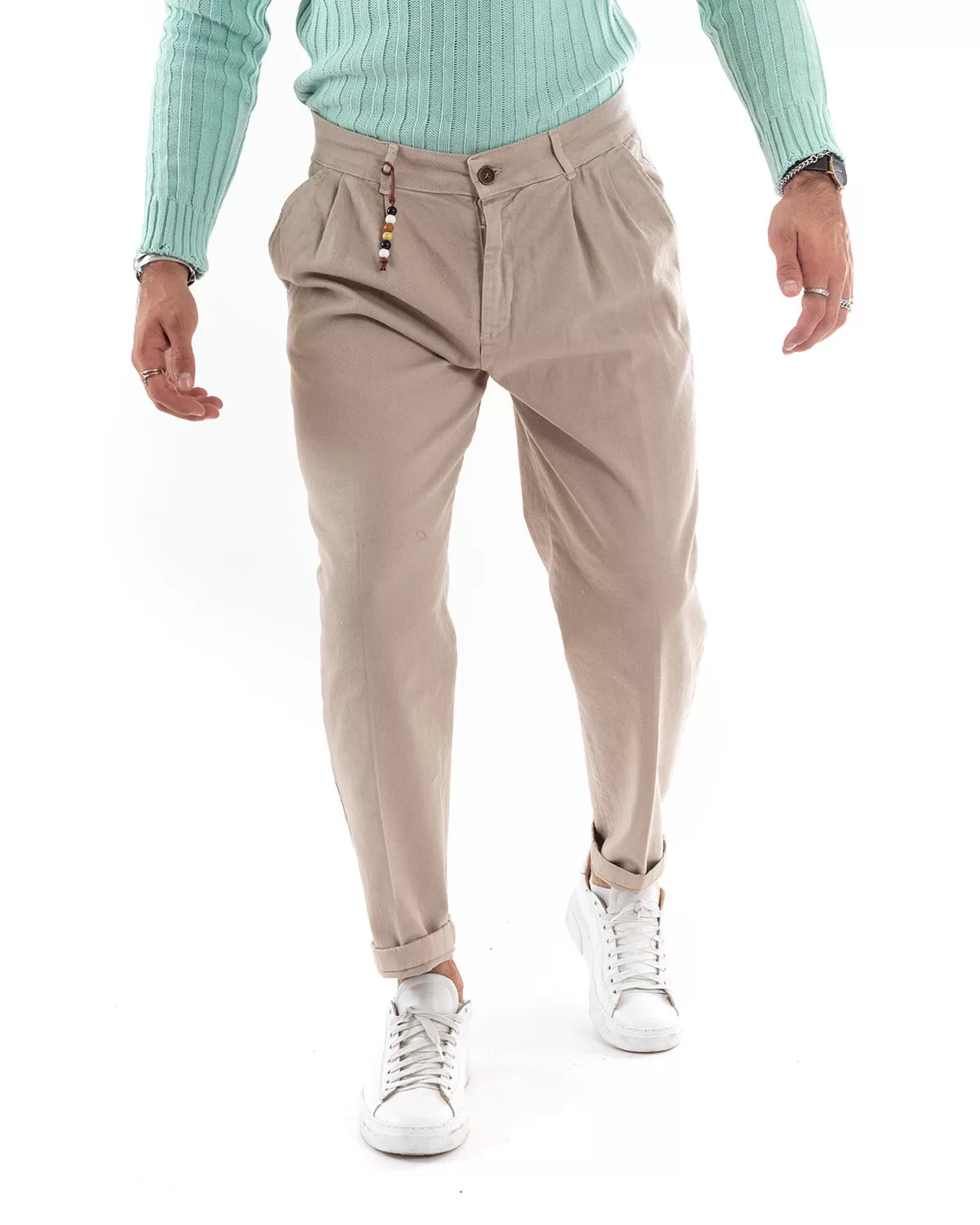 Pantaloni Jeans Uomo Loose Fit Con Pinces Beige Casual GIOSAL-P5535A