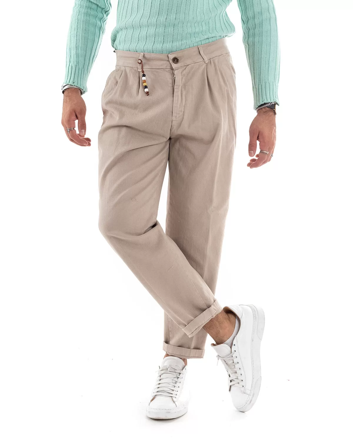 Pantaloni Jeans Uomo Loose Fit Con Pinces Beige Casual GIOSAL-P5535A