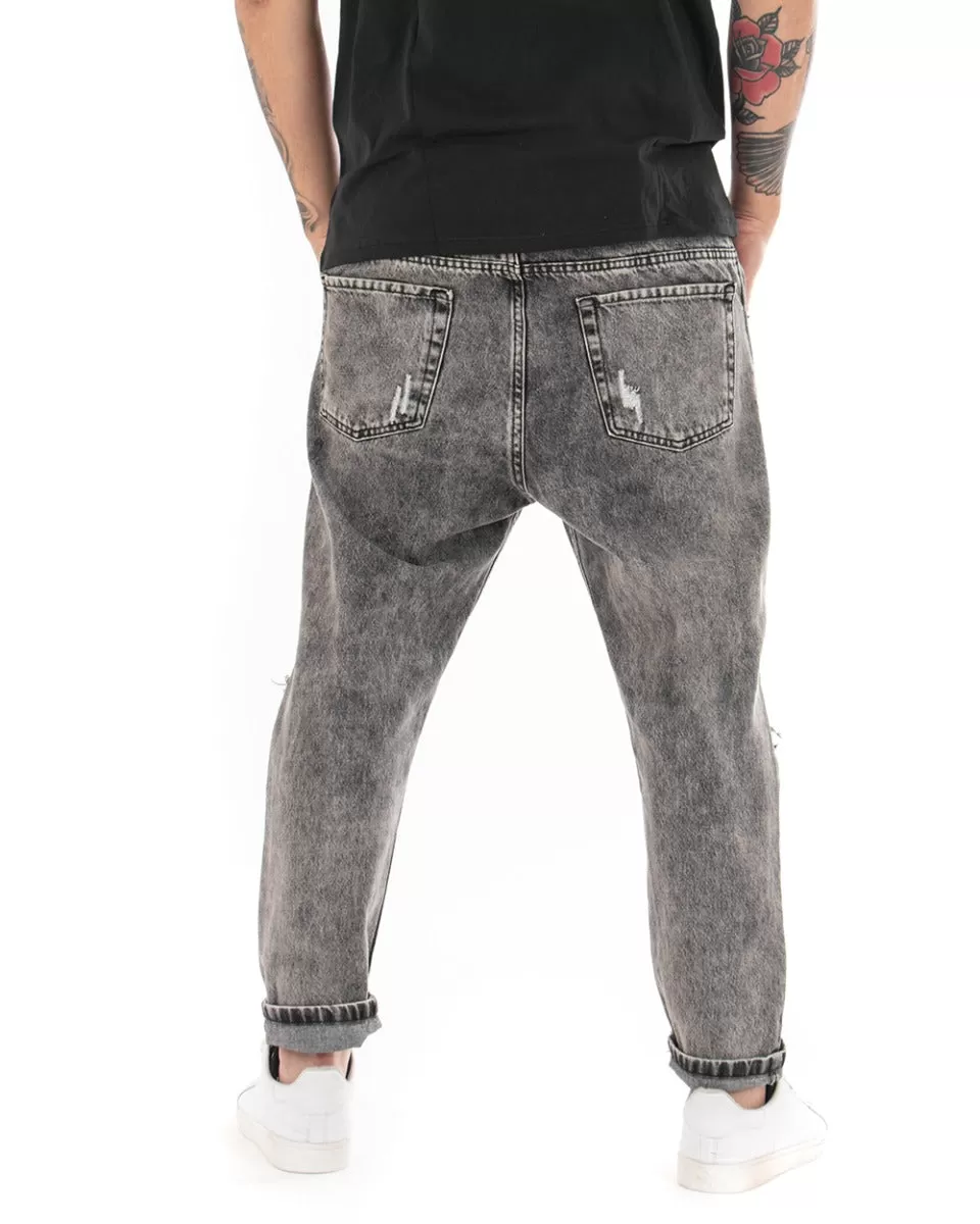 Pantaloni Jeans Uomo Loose Fit Denim Con Rotture Stone Washed Nero Casual GIOSAL-P5058A