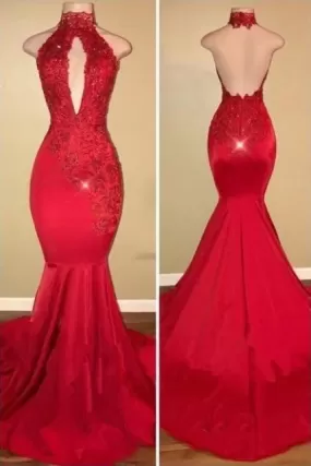 Red Mermaid High Neck Backless Satin Prom Dresses Long Cheap Evening Dresses