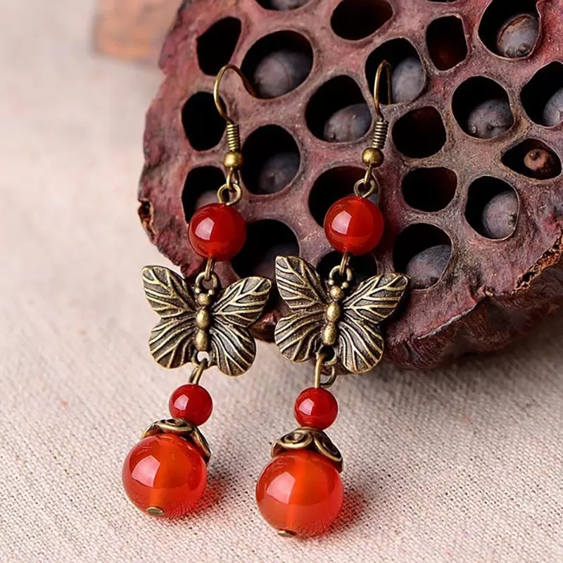 Retro Butterfly Red Agate Earrings