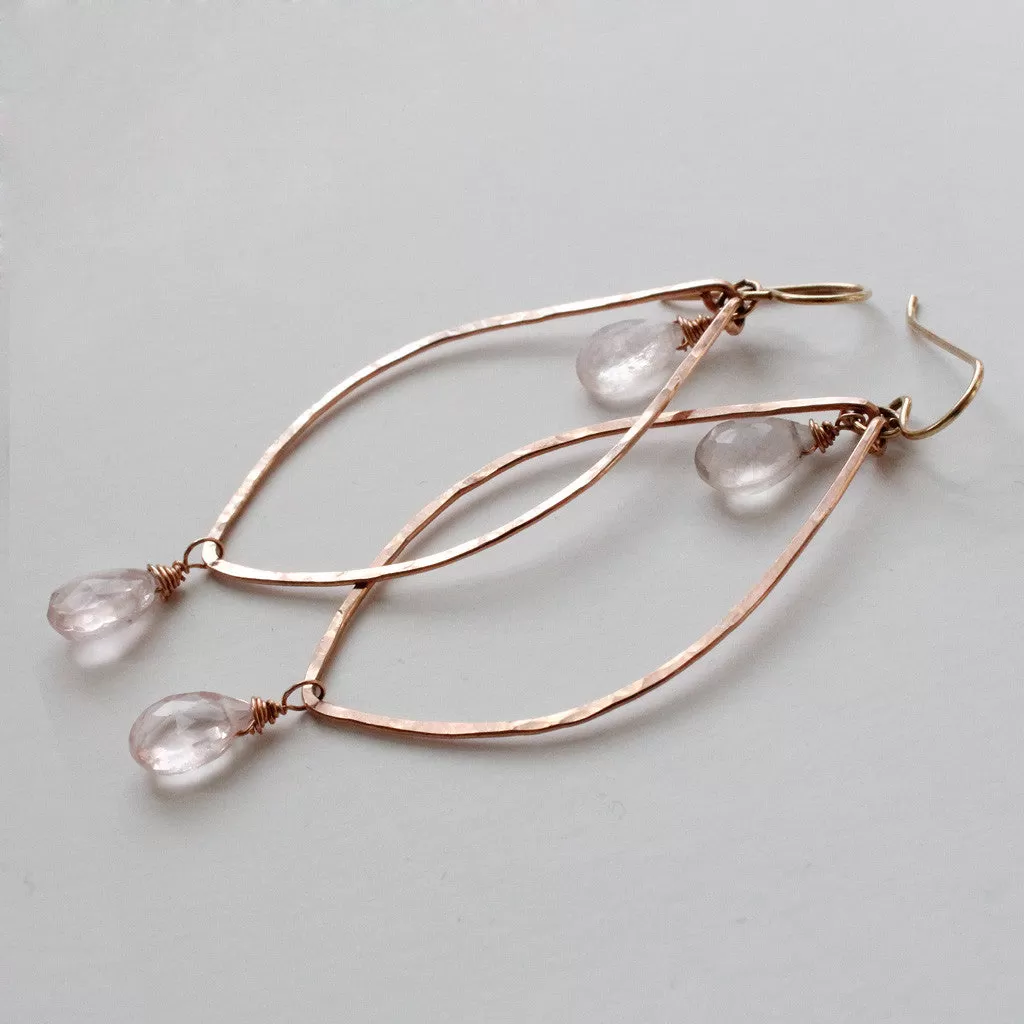 Rose Gold Leaf Gemstone Earrings - Rose Quartz