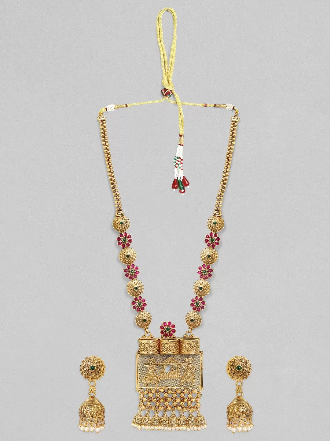 Rubans 24K Gold Plated Handcrafted Ruby Stone Temple Necklace Set