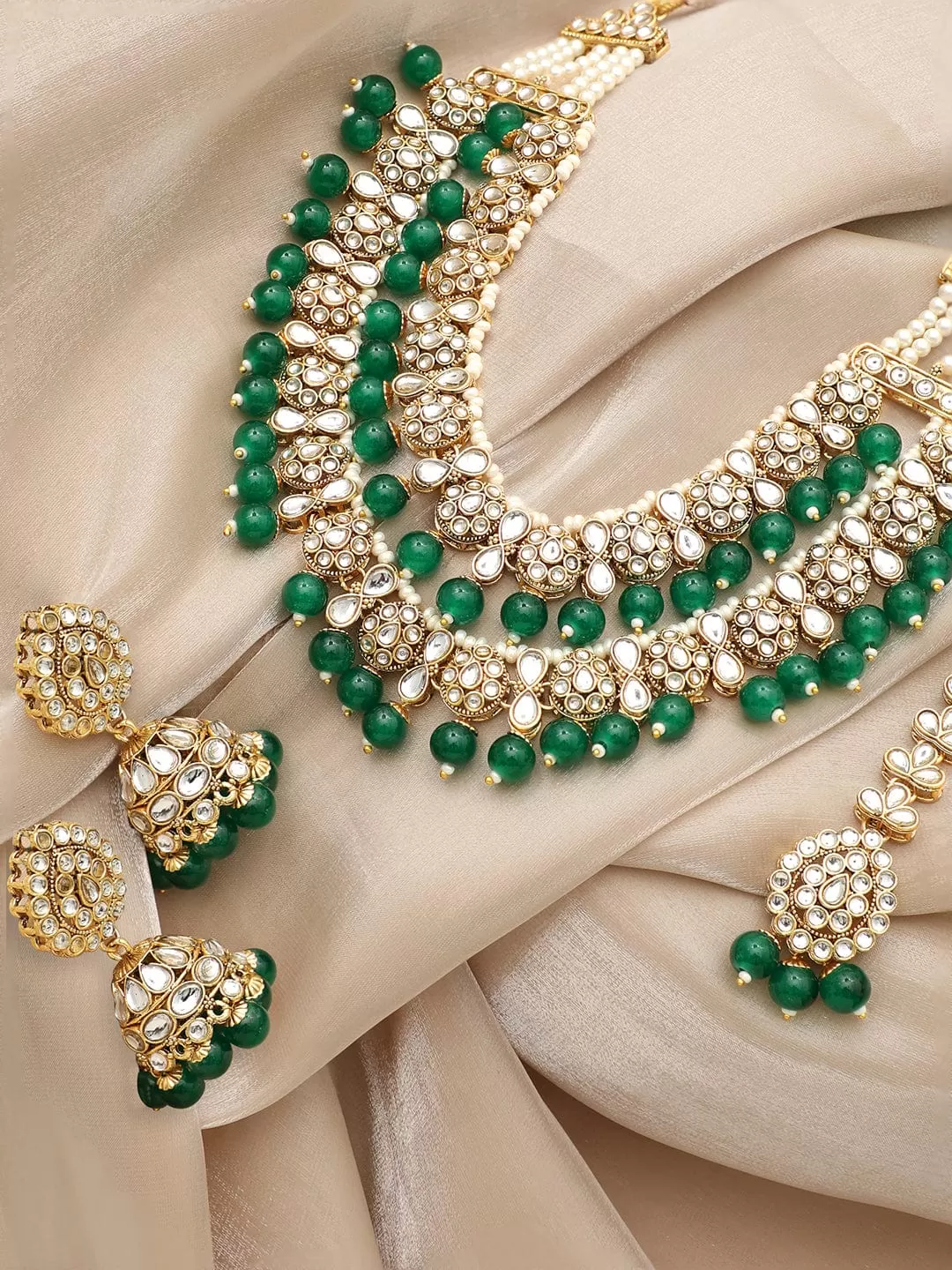 Rubans 24K Gold Plated Polki Stone Studded Green Beaded Double Layer Jewellery Set