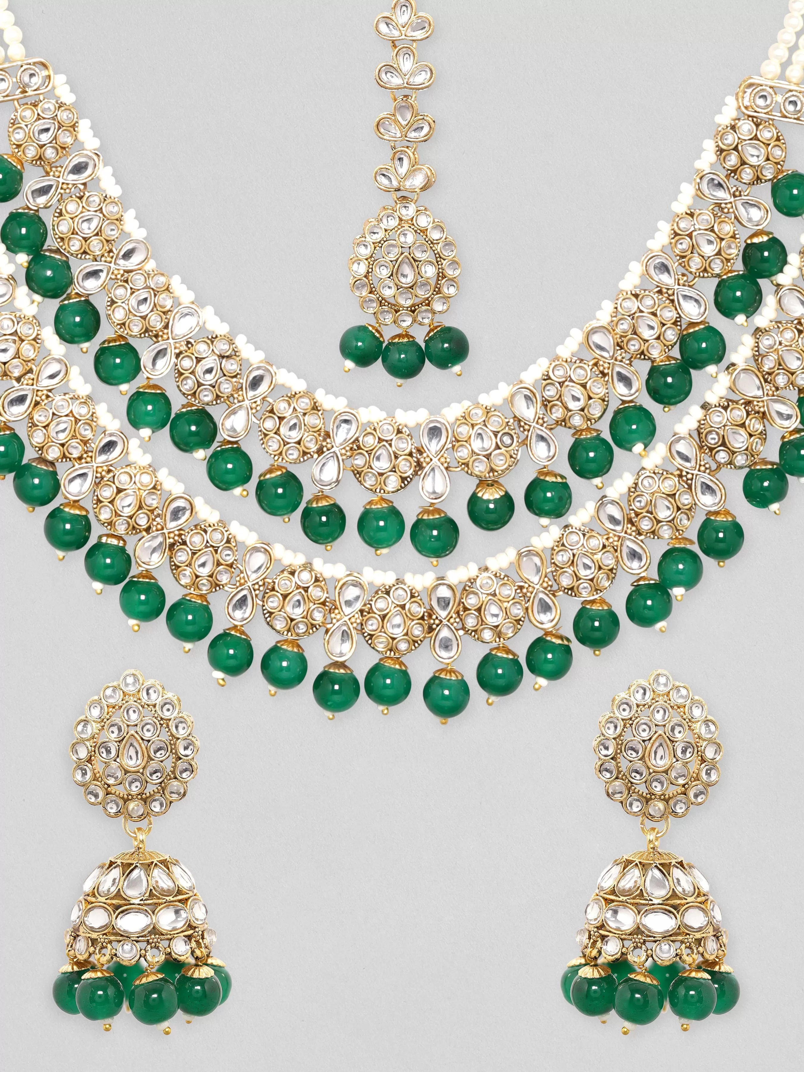 Rubans 24K Gold Plated Polki Stone Studded Green Beaded Double Layer Jewellery Set