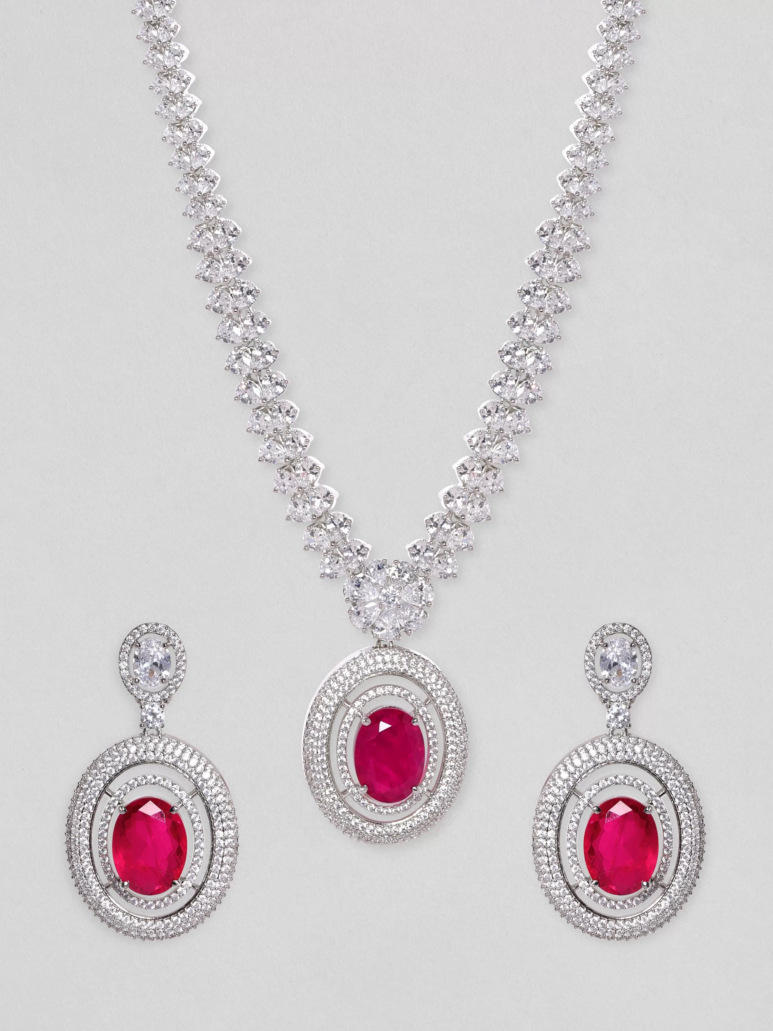 Rubans Rhodium Plated High Finish Ruby Red Oval Zirconia Studded Statement Necklace Set