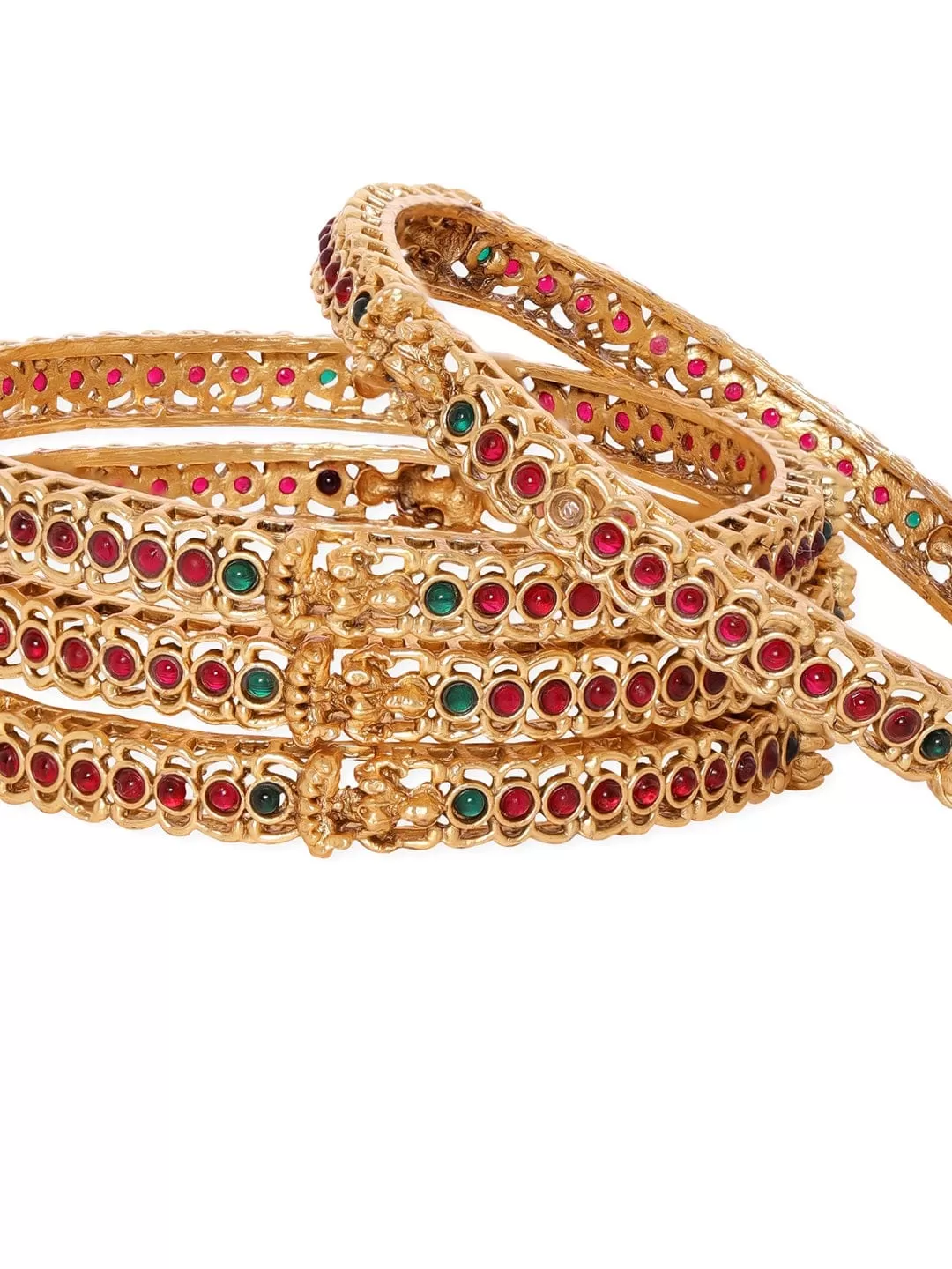 Rubans Set of 4, 22K Gold plated kemp stone studded goddess motif handcrafted Temple bangles