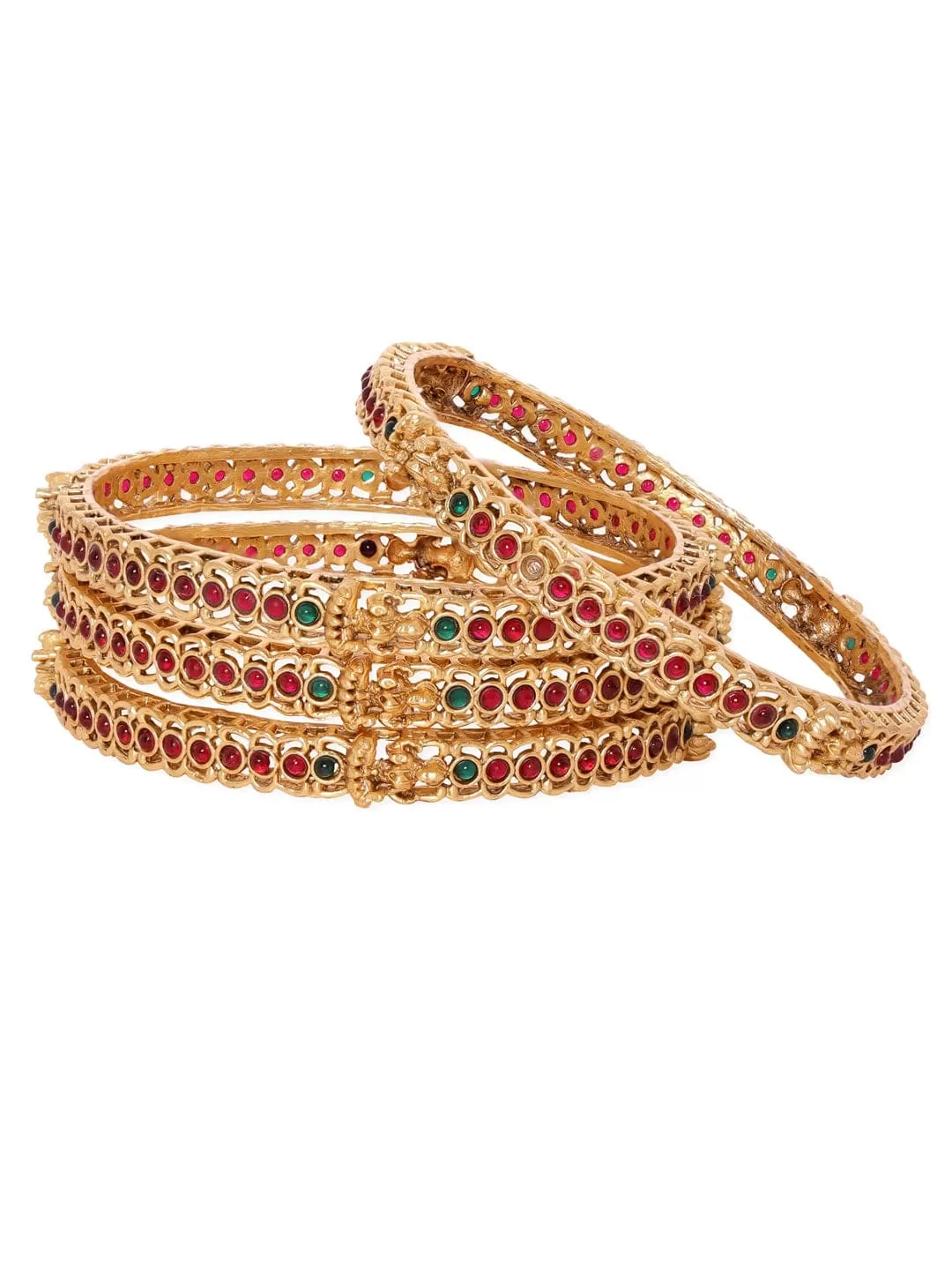 Rubans Set of 4, 22K Gold plated kemp stone studded goddess motif handcrafted Temple bangles