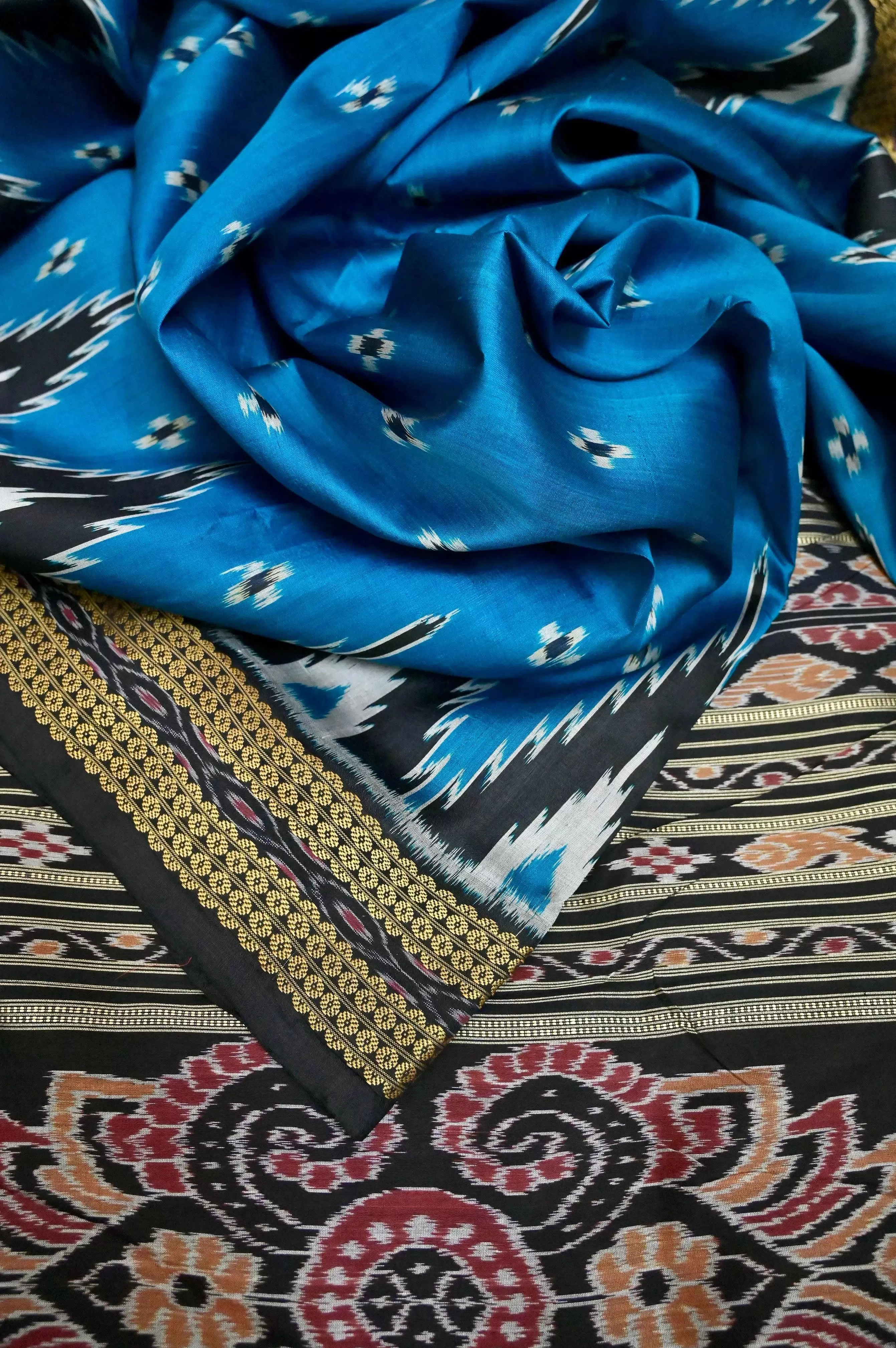 Sapphire Blue Color Sambalpuri Silk Saree with Temple Border and Buti Work