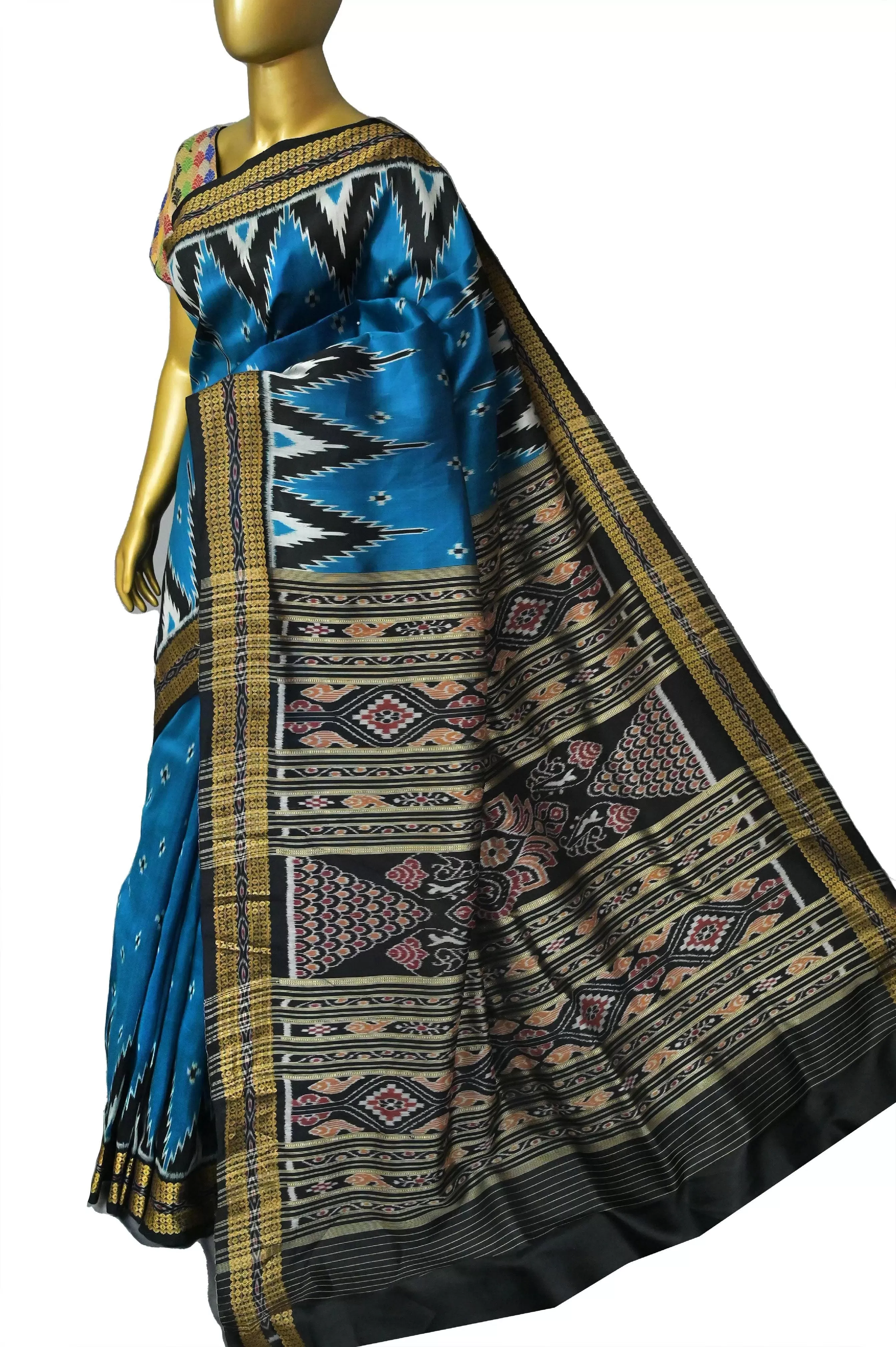 Sapphire Blue Color Sambalpuri Silk Saree with Temple Border and Buti Work