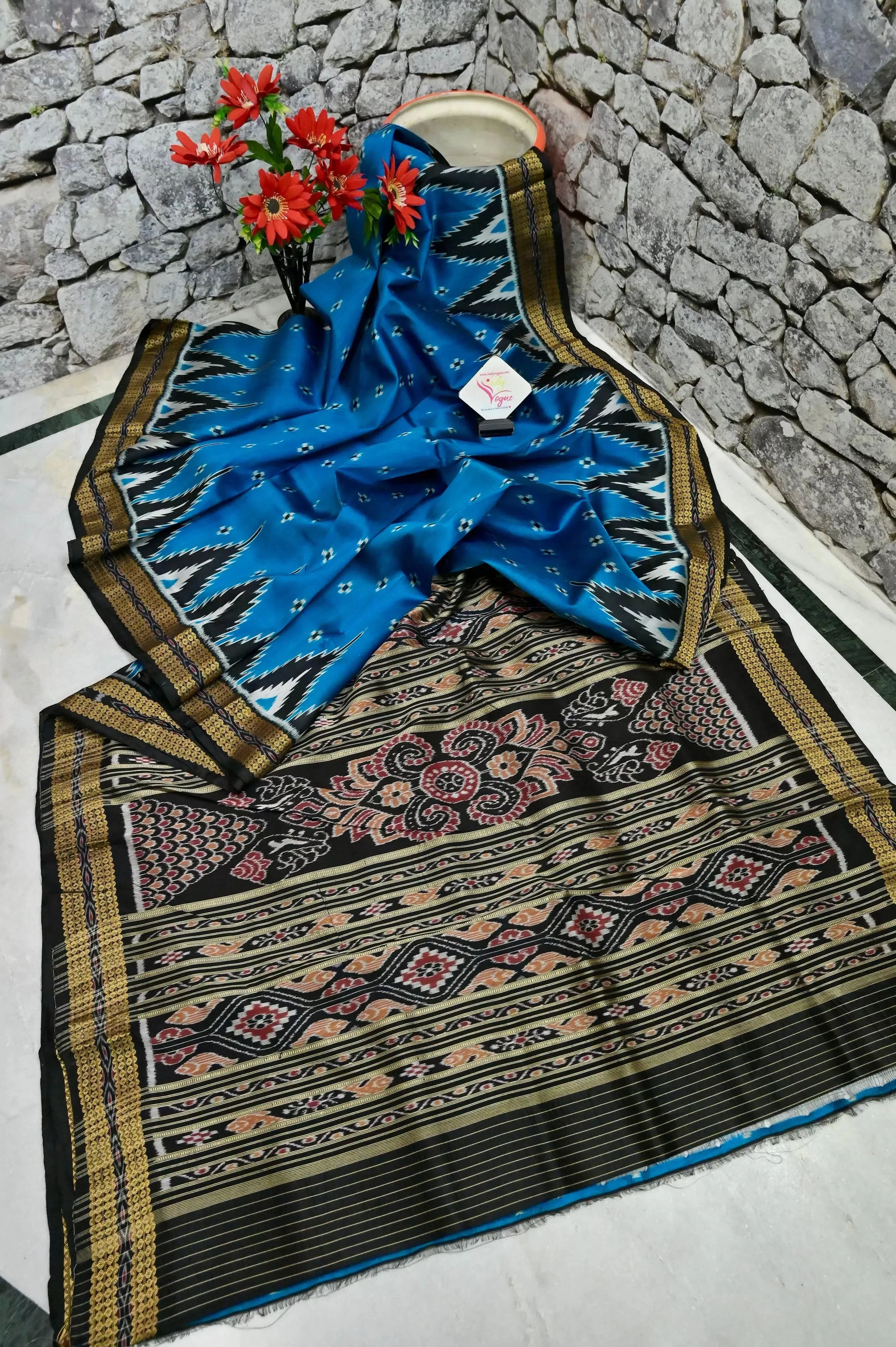 Sapphire Blue Color Sambalpuri Silk Saree with Temple Border and Buti Work