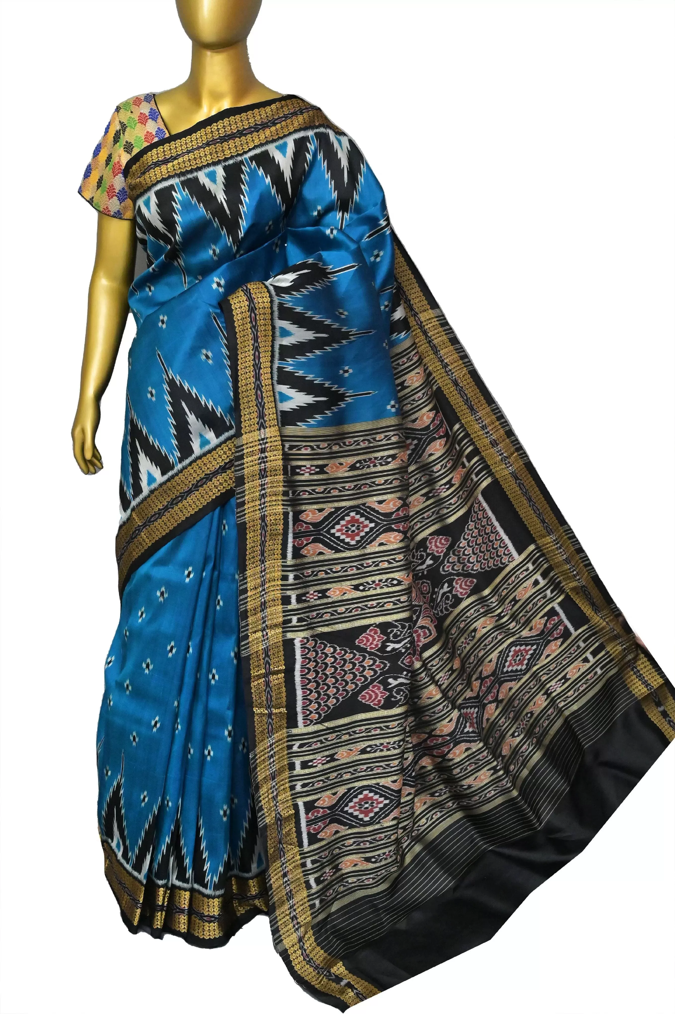 Sapphire Blue Color Sambalpuri Silk Saree with Temple Border and Buti Work