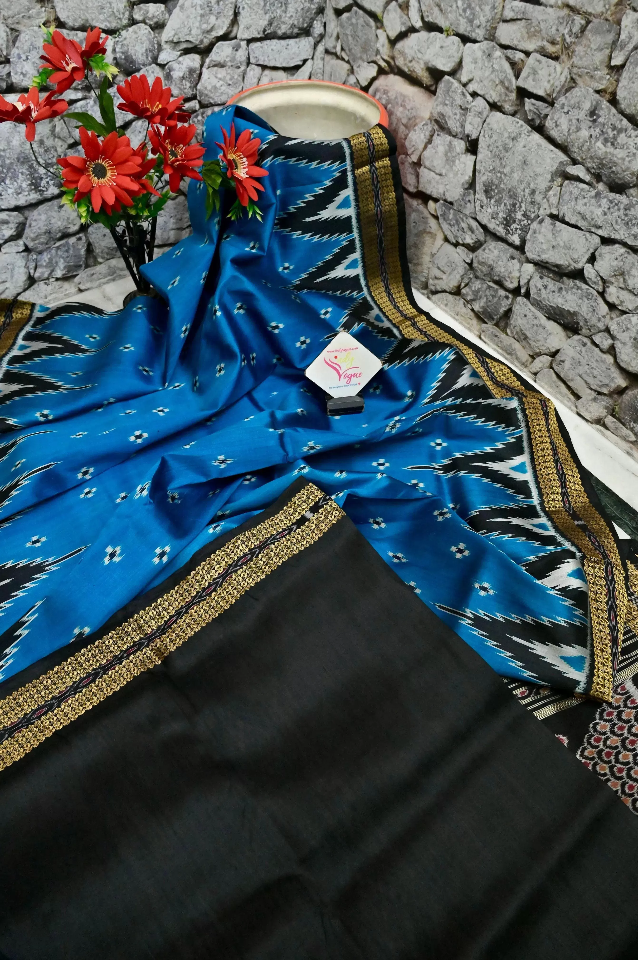 Sapphire Blue Color Sambalpuri Silk Saree with Temple Border and Buti Work