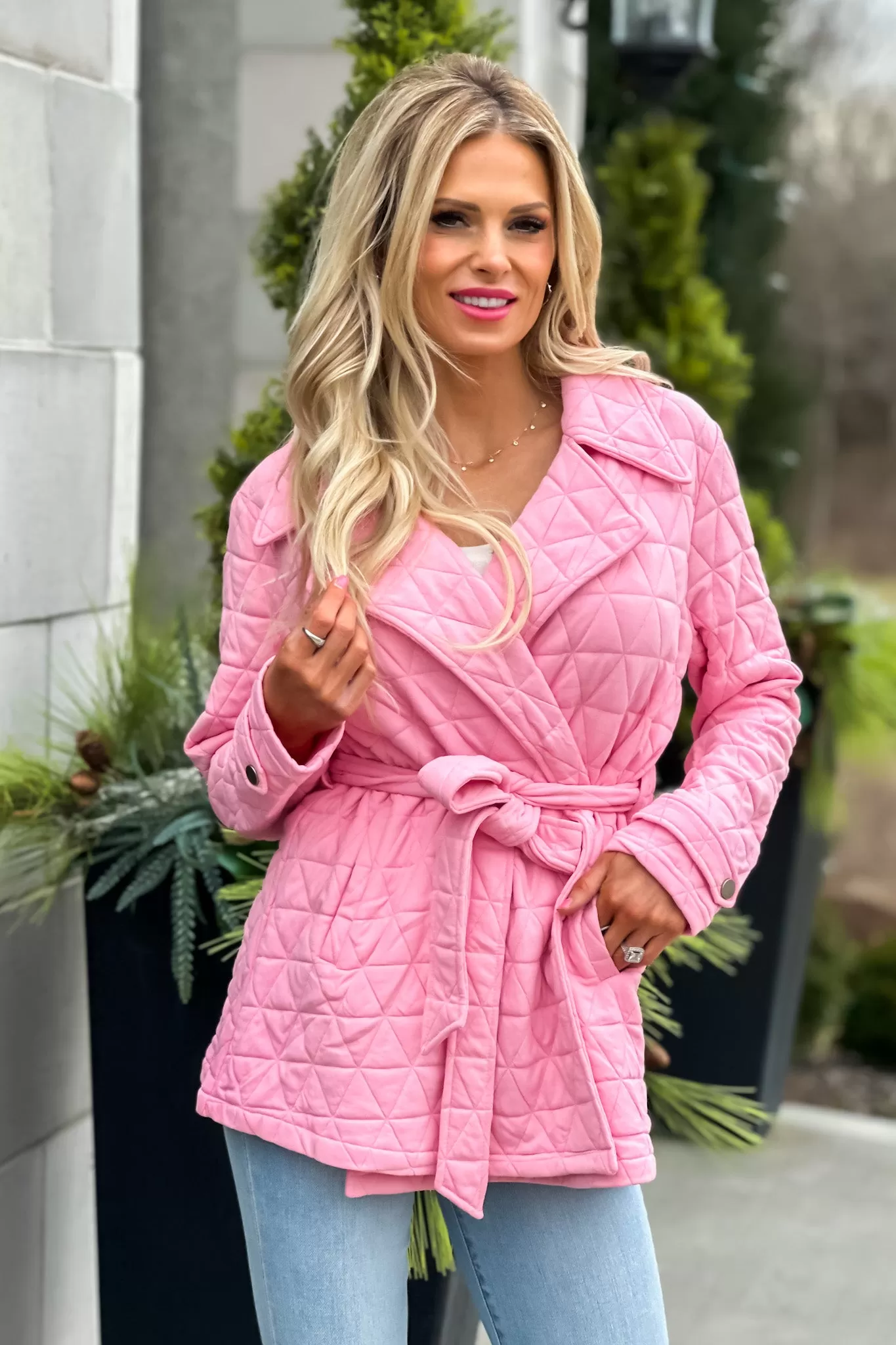 Spring In My Step Quilted Trench Jacket : Pink