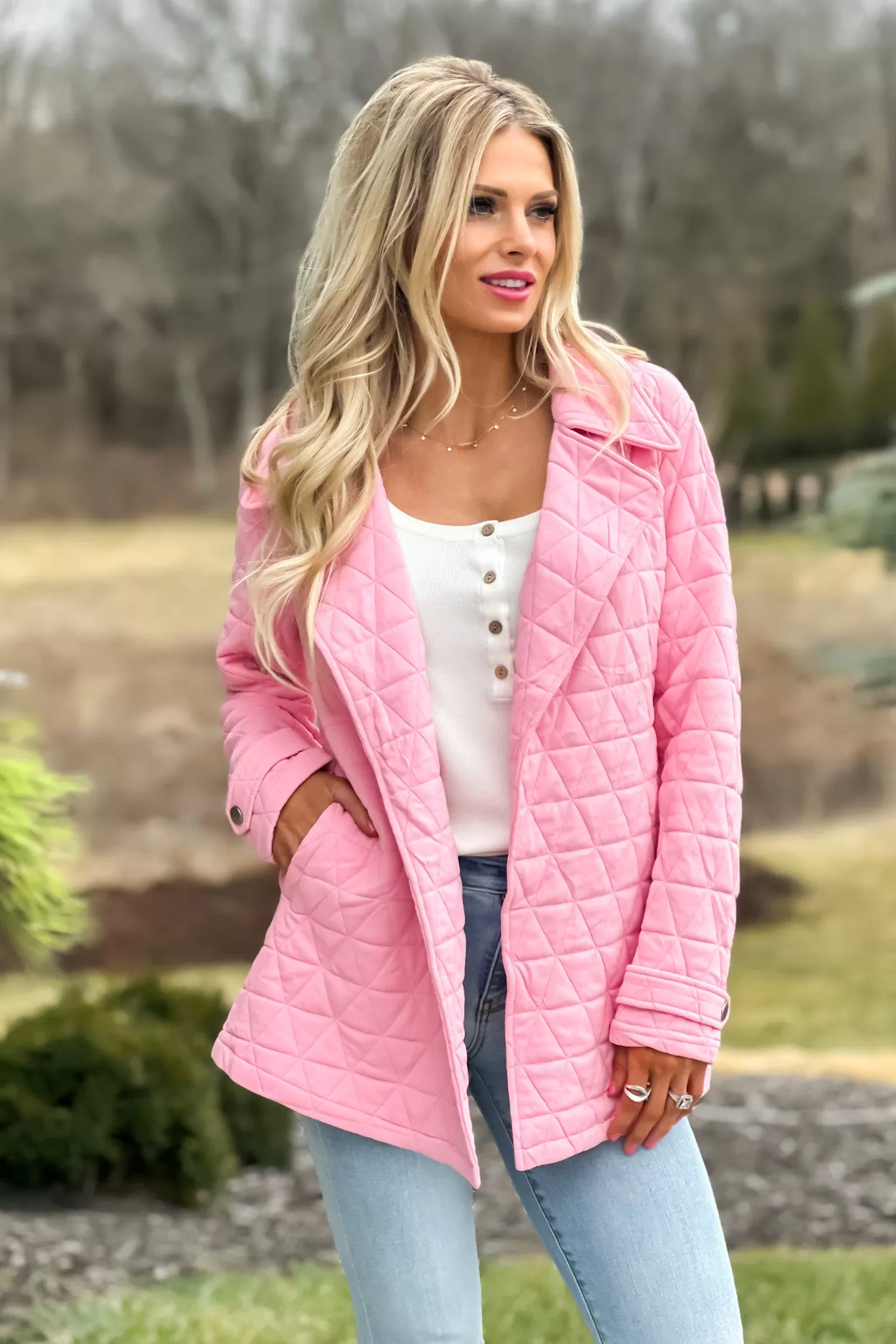 Spring In My Step Quilted Trench Jacket : Pink