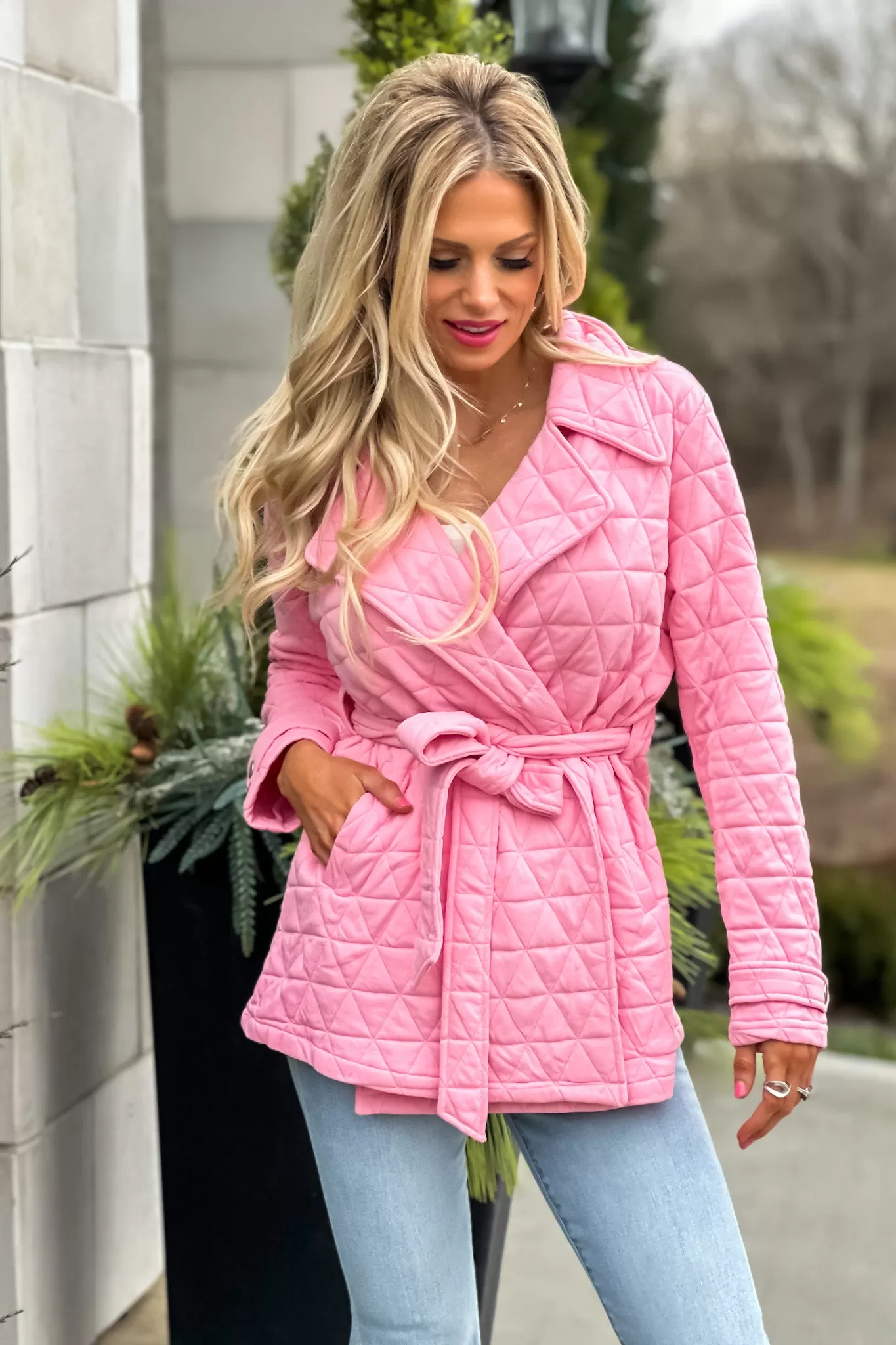 Spring In My Step Quilted Trench Jacket : Pink