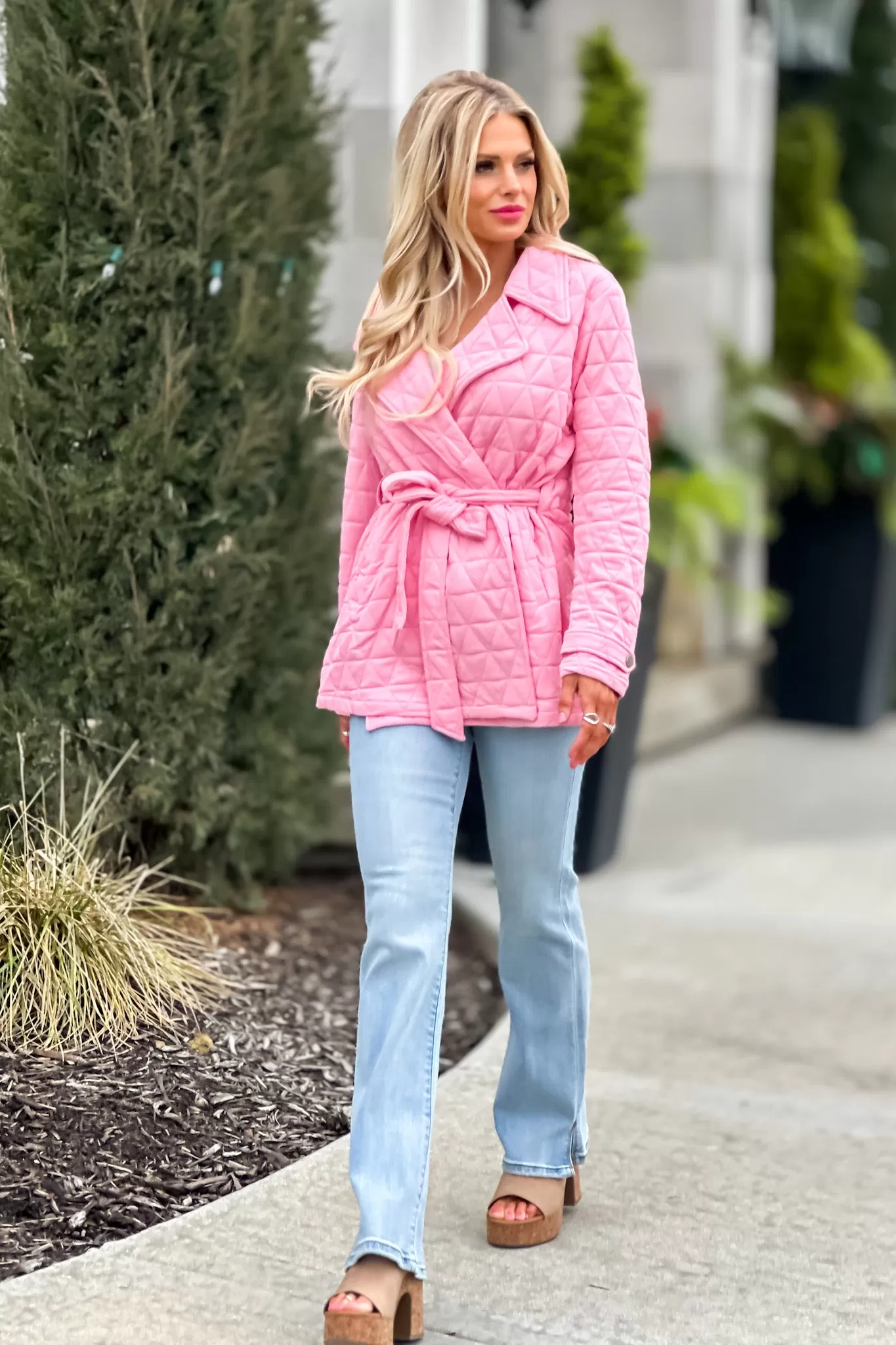 Spring In My Step Quilted Trench Jacket : Pink