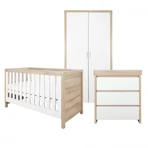 Tutti Bambini Modena 3 Piece Room Set (Cot Bed, Changer, Wardrobe) White/Oak